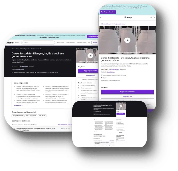 Pagina Udemy del corso di sartoria sulla gonna dritta progettata e promossa da MG Webmaster