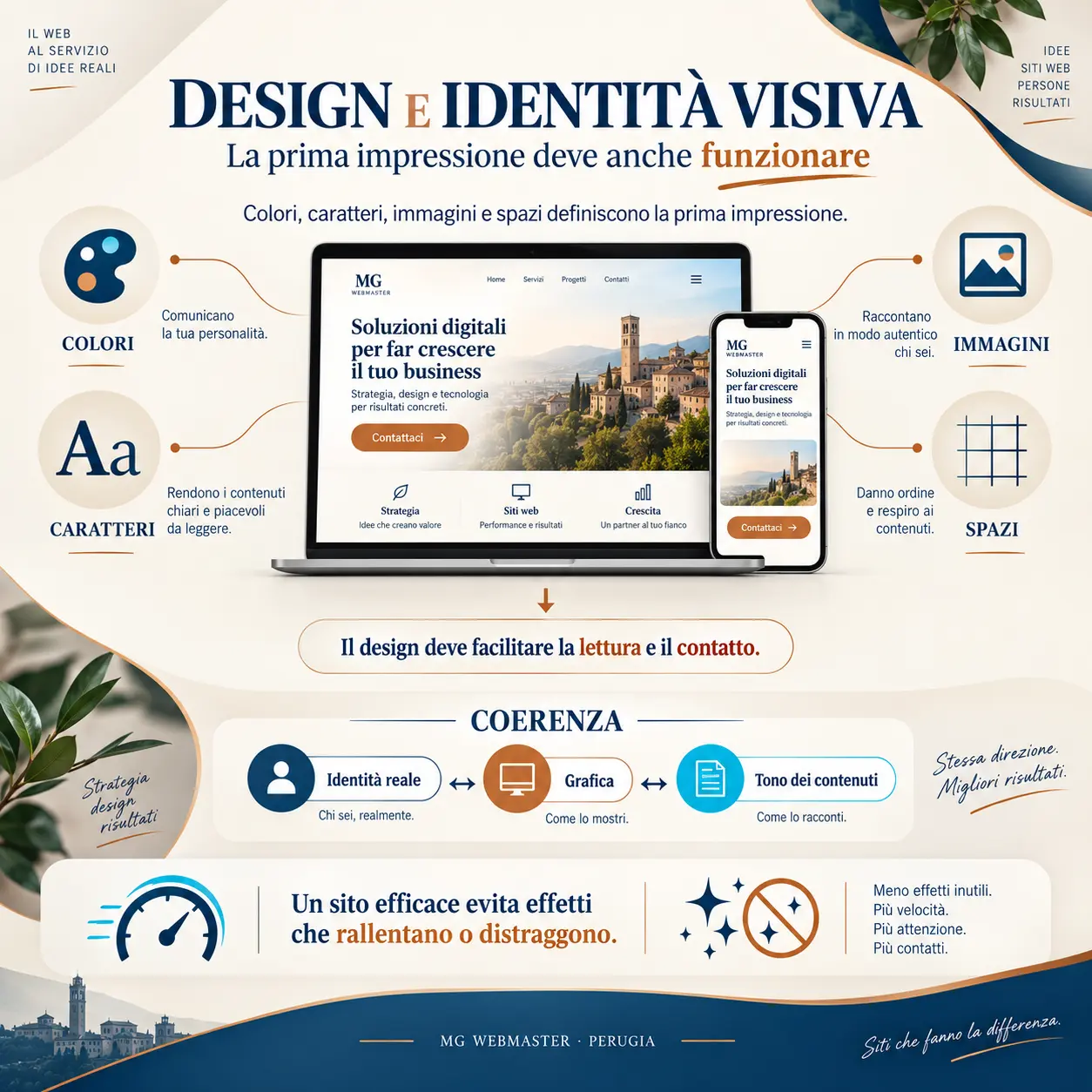 Infografica su web design, identità visiva e chiarezza di un sito professionale