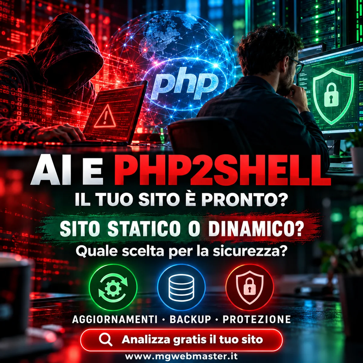 Infografica sulla sicurezza PHP2Shell: sito statico o dinamico, aggiornamenti, backup e protezione