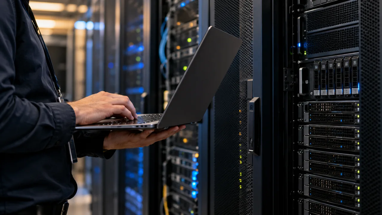 Tecnico al lavoro su un portatile davanti ai server per verificare la sicurezza del sito