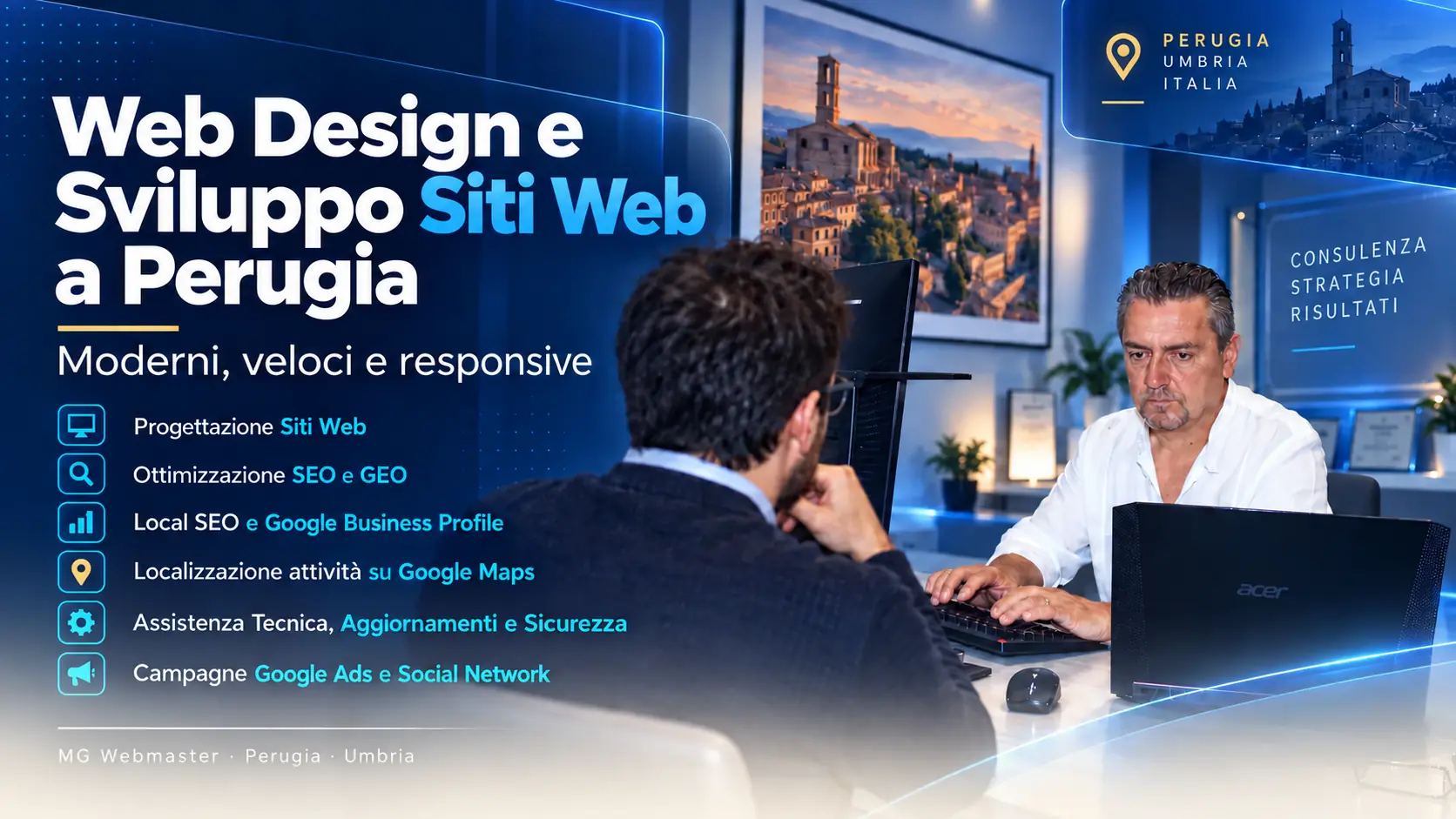 Emanuel Acatrinei durante una consulenza di web design e sviluppo siti web a Perugia, con servizi SEO, GEO, Google Maps, assistenza tecnica e campagne pubblicitarie