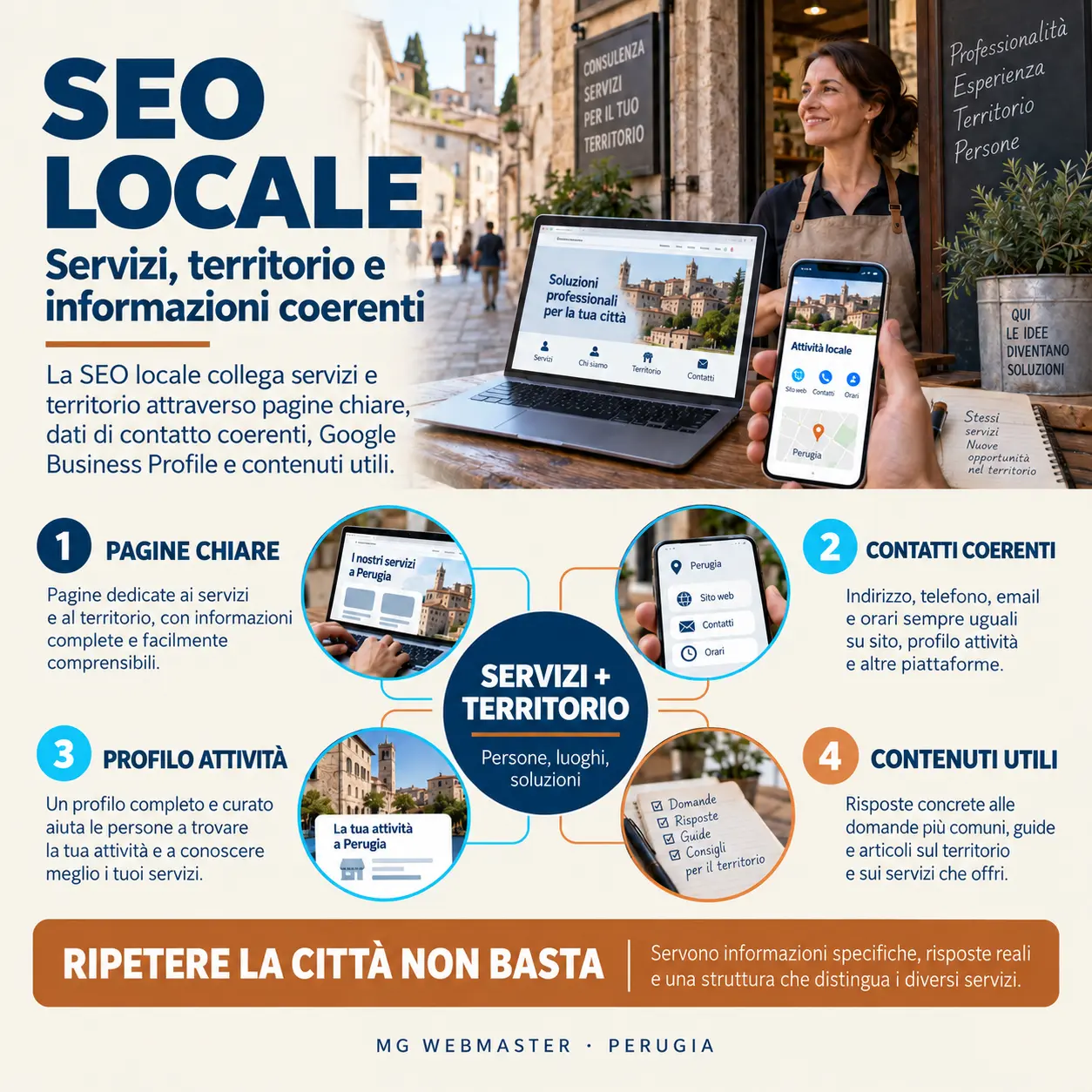 Infografica sulla SEO locale che collega servizi, territorio, Google Business Profile e contenuti utili a Perugia e in Umbria