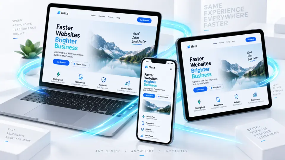 Siti web veloci e responsive visualizzati su computer, tablet e smartphone